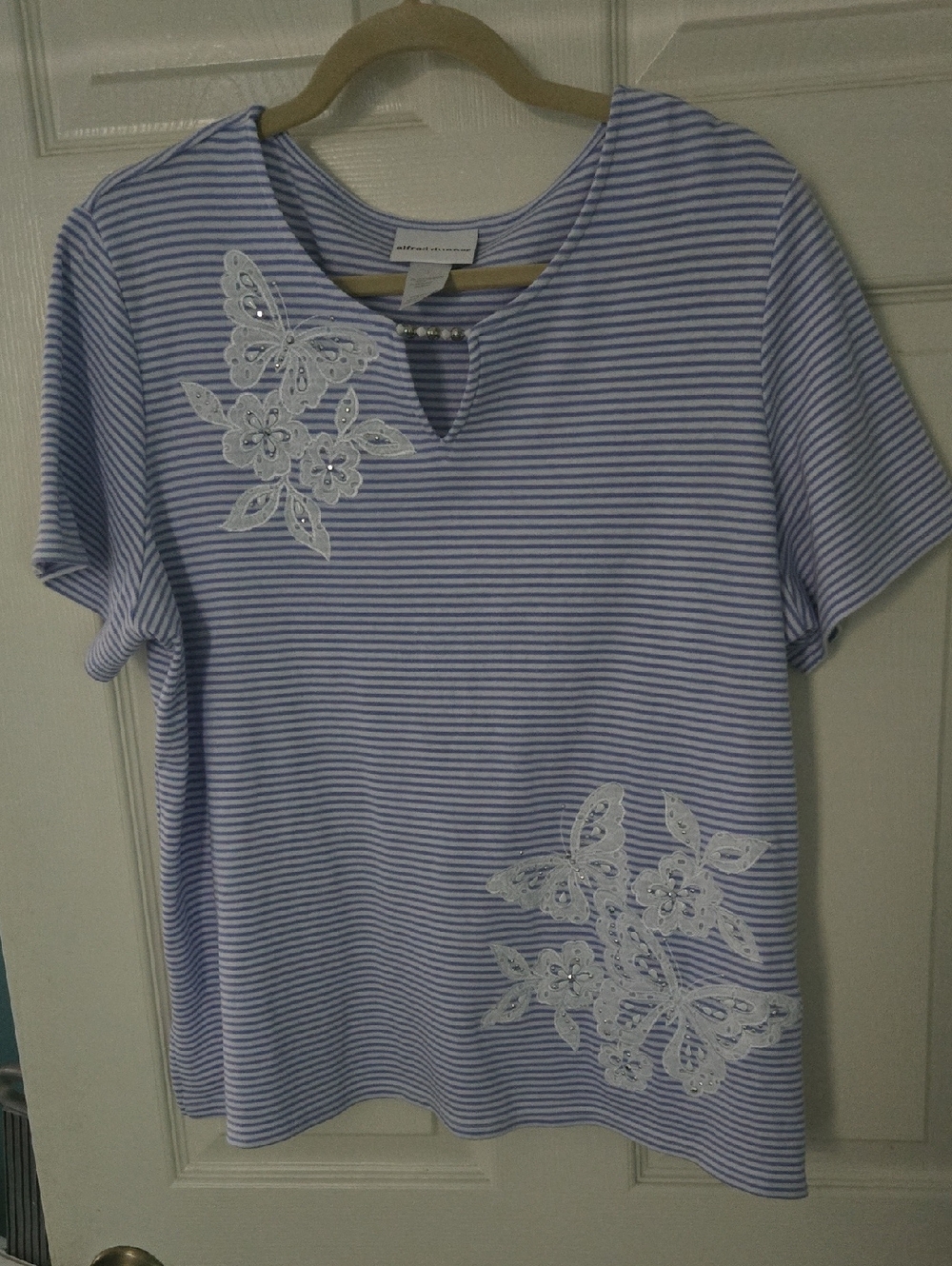Alfred Dunner Lavender and White Striped Short-Sleeve Top with Lace Appliqué